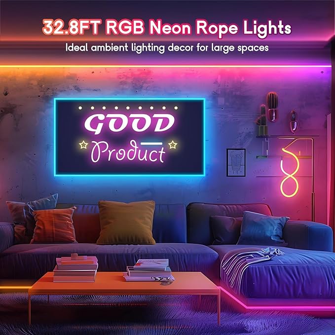 Neon Rope Lights - 32.8Ft Flexible LED Rope Lights,24V RGB Rope Lights Control with App/Remote Multiple Modes,DIY Design, IP65 Waterproof Strip Lights for Bedroom Room Outdoors Decor