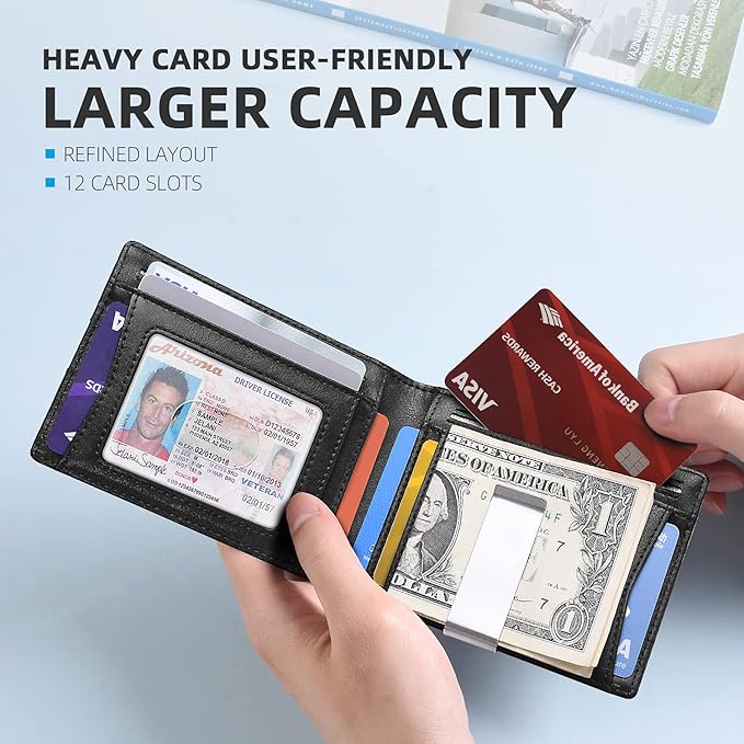 Zitahli Slim Wallet for Men Gifts 12 Card Slots ID Window With Money Clip Minimalist RFID Front Pocket Bifold Leather Small Thin Gift Box Dad Birthday Christmas Regalos Hombres