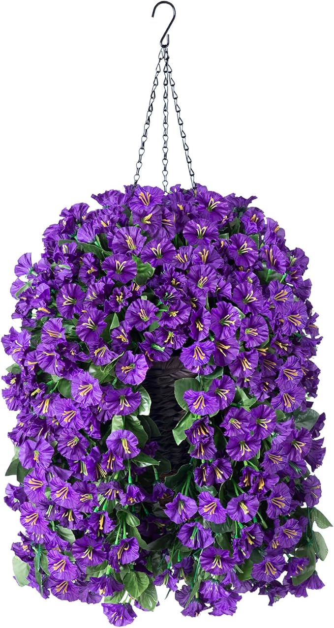 Artificial Faux Hanging Flowers Plants Basket for Spring Summer Outdoor Porch Decor, Fake Silk Purple Morning Glory Long Vine in Planter UV Resistant Realistic for Inside Home Patio Balcony