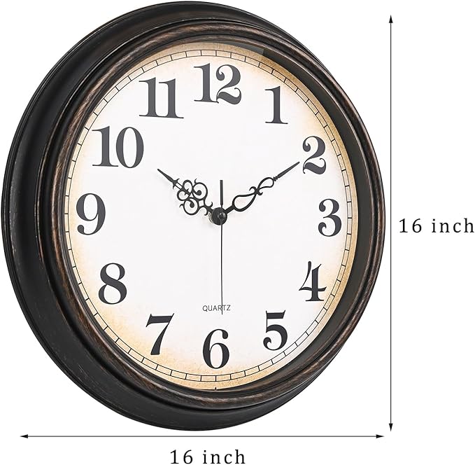 Large Wall Clock 16 Inch Silent Non-Ticking Vintage Wall Clocks Battery Operated for Living Room Office School (Bronze)