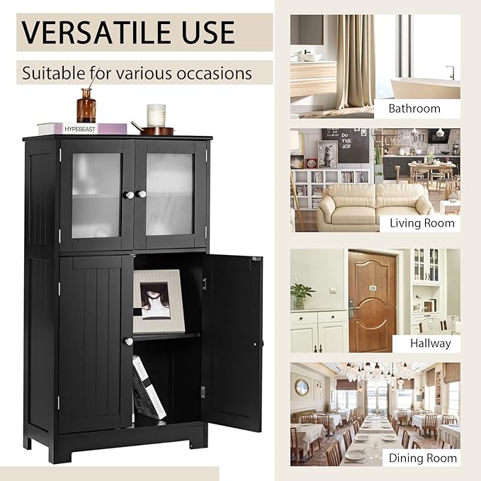 GOFLAME Bathroom Storage Cabinet, Freestanding Storage Cabinet with 4 Doors, Wooden Kitchen Cupboard with Adjustable Shelf, Buffet Sideboard, Multipurpose Home Organizer for Bathroom, Kitchen, Black
