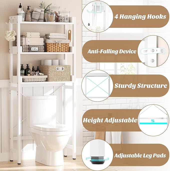 Ecoprsio Over-The-Toilet Storage Rack, 3-Tier Bathroom Organizer Shelf Over Toilet, Freestanding Space Saver Toilet Stands with 4 Hooks, White