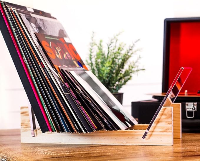 KAIU Vinyl Record Storage Holder - Solid Wood with Crystal Clear Acrylic Holder - Premium Design, Perfect 12" LPs or 7" Singles Display Unit - Stores and Supports up to 50 Albums (Natural)