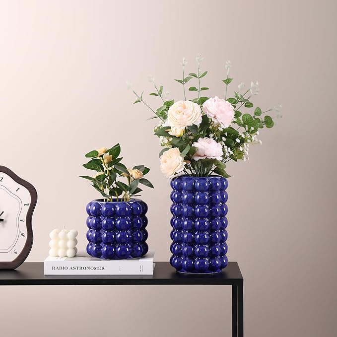 Bubble Vases, Set of 2 Blue Ceramic Vases, Short Vases, Ceramic Flower Vases, Unique Vases, Tall Bubble Vases for Coffe Table Decor, Decorative Vases for Living Room, Dining Table, Wedding