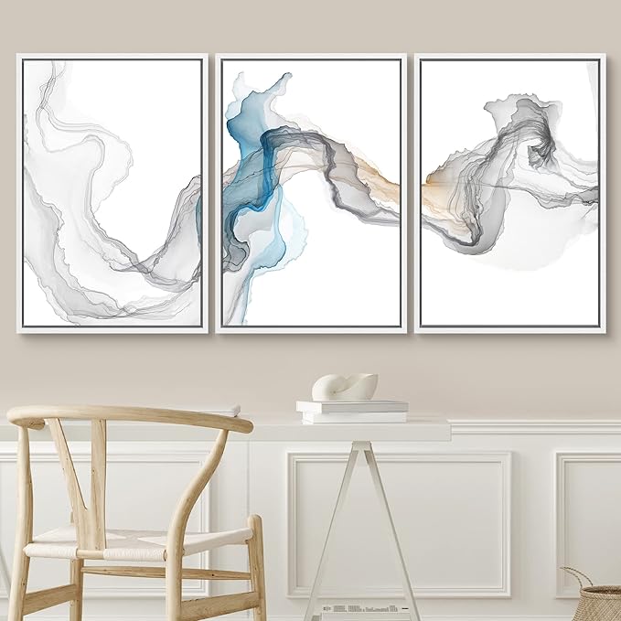 SIGNWIN Framed Canvas Print Wall Art Set Blue Gray Smoke Wave Landscape Abstract Shapes Illustrations Modern Art Decorative Contemporary Colorful for Living Room, Bedroom, Office - 16"x24"x3 White