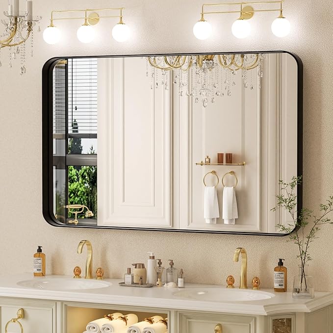 48×30 Black Mirror for Bathroom Sink - Rectangle Mirrors for Vanity with Rounded Corners & Tempered Glass for Bathroom, Restroom, Entryway, Horizontal/Vertical Wall Mounted, Aluminum Frame