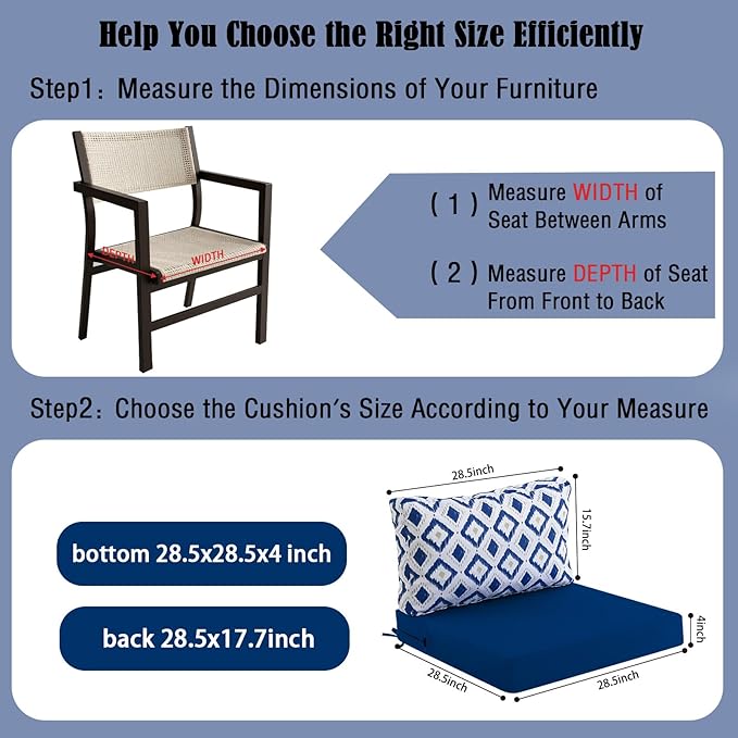 idee-home Outdoor Cushions for Patio Furniture, Outdoor Seat Cushion, Waterproof Hampton Bay Deep Seat Replacement Couch Chair Cushions for Garden Lawn Backyard Deck, 28.5 x 28.5 Navy Blue Pattern