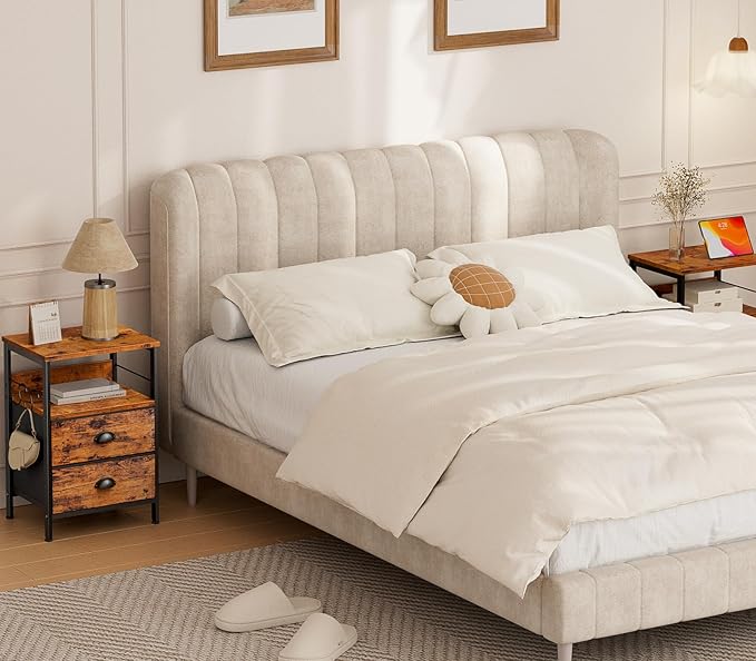 Furologee Nightstands Set 2, Bedside Table with 2 Fabric Drawers, End Table with Hooks and Shelf, Side Table for Bedroom/Living Room/Study/Hallway/Brown