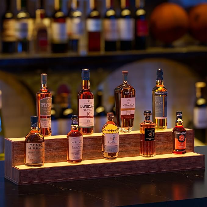 LED 38 Inch Bar Display Shelf, DIY Illuminated Bottle Shelf with App & Remote Control, 2 Step Freestanding Holding Bottles for Home Bar, Party, Walnut