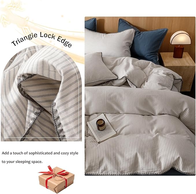 VM VOUGEMARKET Beige Grey Duvet Cover Set with Blue Stripes 3pcs Yarn Dyed Muslin Cotton Vertical Striped Ticking Pattern Bedding Set Without Comforter - Queen Size