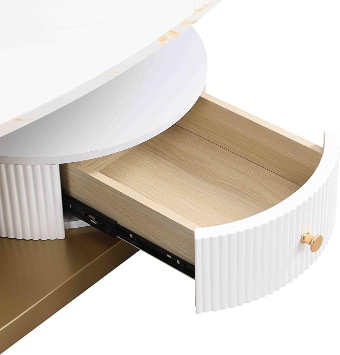 Marble Nesting Coffee Table Set of 2,Modern Oval Center Tea Table and Round Side Nightstand Set w/Drawer andFaux Marble Top and Metal Frame for Living Room Accent Furniture (Gold White)