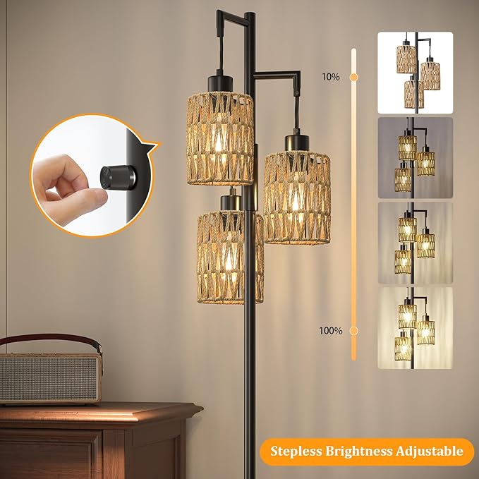 Oneach 68" Floor Lamps for Living Room, Stepless Dimmable Boho Floor Lamp with 3 Bulbs, Tall Farmhouse Industrial Corner Standing Tree Lamp for Bedroom, Office, Study Room, Dining Room, Black