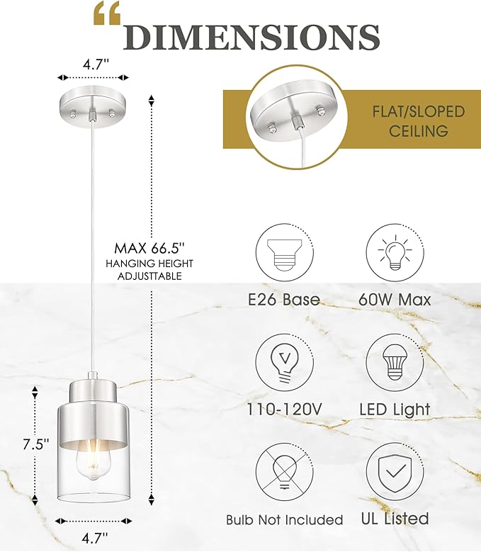 Pendant Lights Kitchen Island, Brushed Nickel Dual Shade Hanging Lights Fixtures with Metal and Clear Glass, Modern Kitchen Pendant Lighting Over Island for Dining Room, AD-24022-1P-SN