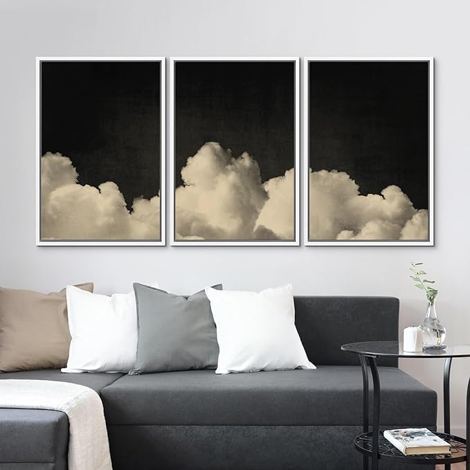 MUDECOR Framed Canvas Print Wall Art Dramatic Cloudscape Black and Beige Sky Illustrations Realism Decorative for Living Room, Bedroom, Office - 24"x36"x3 White