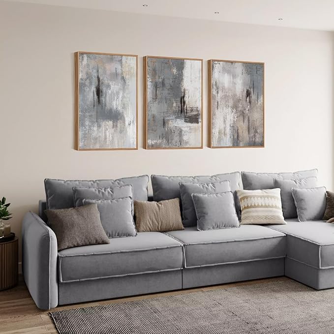 Large Abstract Grey and Beige Framed Canvas Wall Art,Neutral Brush Stroke Wall Decor,Natural Modern Color Block Artwork,Minimalist Nordic Art Print for Living Room,Bedroom,Office-24 x36 x3