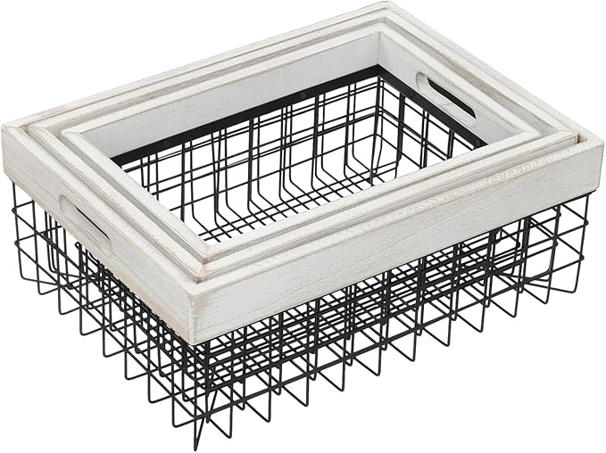 Set of 3 Metal Wire Baskets for Organizing Wood Top with Handles Storage Organizer Farmhouse Decor for Kitchen Cabinets Pantry Laundry Room Bathroom Closets Nesting Countertop Baskets