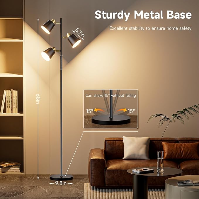 LED Tree Floor Lamp, 2500LM Super Bright Standing Lamp with Remote & Touch Control, 4 Color Temperatures, 3 Rotatable Lights, Modern Dimmable Floor Lamps for Living Room Bedroom Office