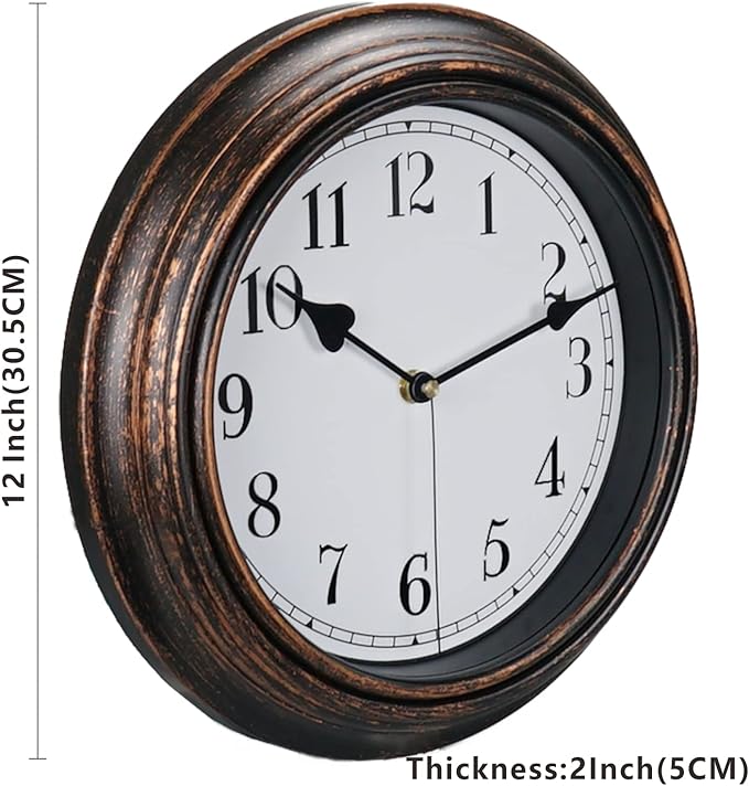 Retro Wall Clock, 12'' Vintage Silent Non Ticking Classic Clocks, Easy to Read, Quality Quartz Clock Battery Operated, Decorative Bedroom, Kitchen, Office
