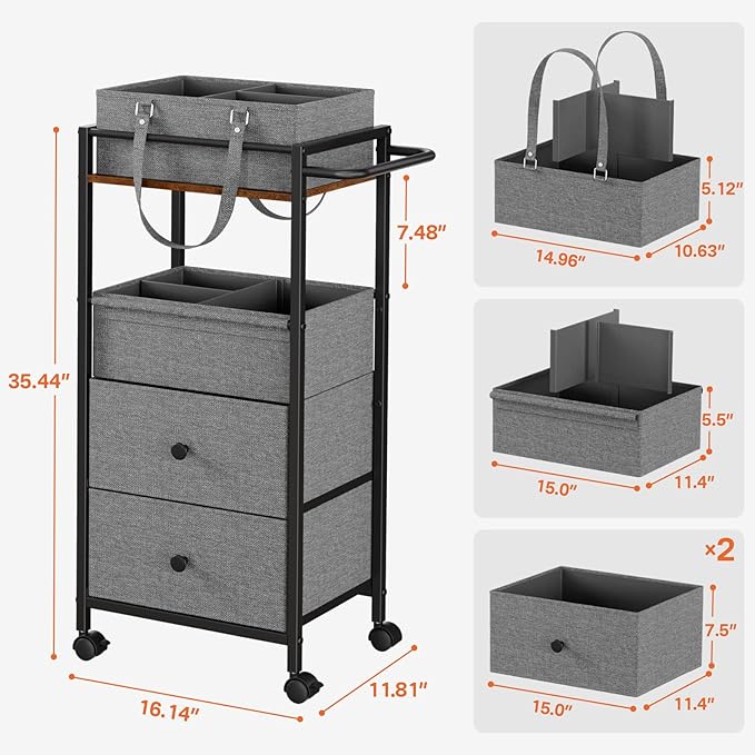 Baby Diaper Caddy Organizer Cart with Drawers - 3In1 Rolling Storage Cart with Wheels, Removable Diaper Caddy, Detachable Dividers - for Crib, Bedroom, Art & Craft Organizer (Black)