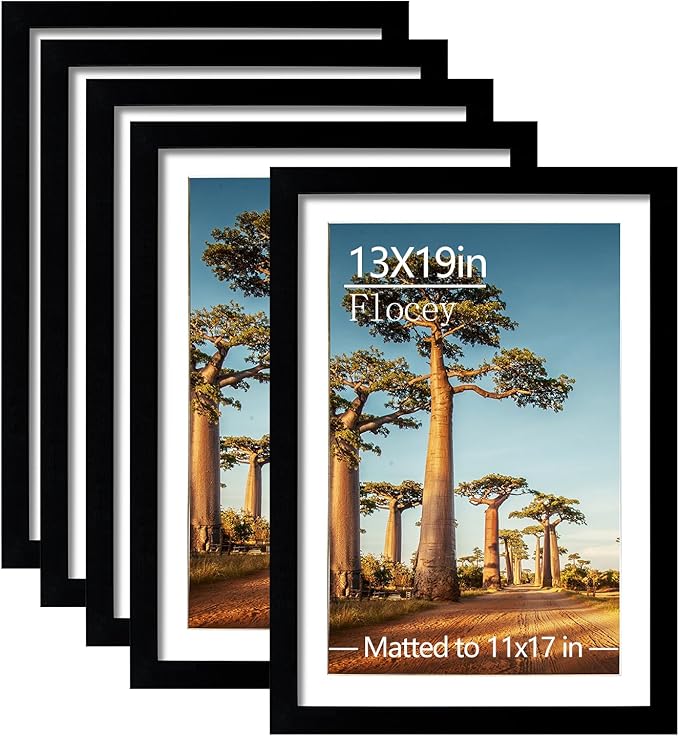 13x19 Picture Frame Set of 5, Black Poster Frame, Display Pictures 11 x 17 with Mat or 13 x 19 Without Mat for Horizontal or Vertical Wall Mounting, Wall Gallery Frame