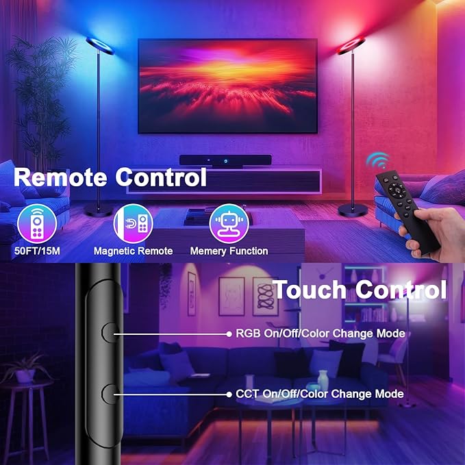 Smart RGB Floor Lamps for Living Room, 36W/3000LM Bright LED Standing Lamp with App & Remote Control, Modern Color Changing Tall Lamp with Stepless Dimming, Torchiere Corner Floor Lamp for Bedroom