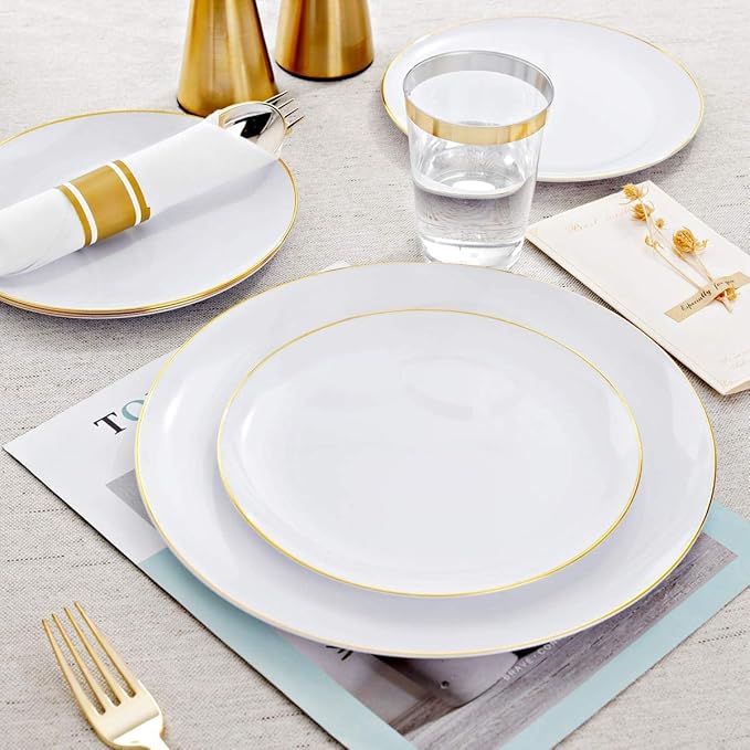 Supernal 350pcs Gold Disposable Dinnerware Set,Pre Rolled Plastic Silverware,Include 50 Gold Plates and 50 Dessert Plates, 50 Silverware with Paper Napkins,50 Disposable Cups