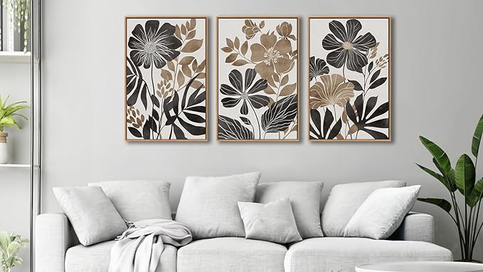 Large Framed Canvas Wall Art - Natural Float Framed Rustic Black Flowers Leaves Pictures Decor Brown Floral Foliage Artwork for Bedroom Living Room Kitchen Home Office Decoration 48" X 24" Set of 3