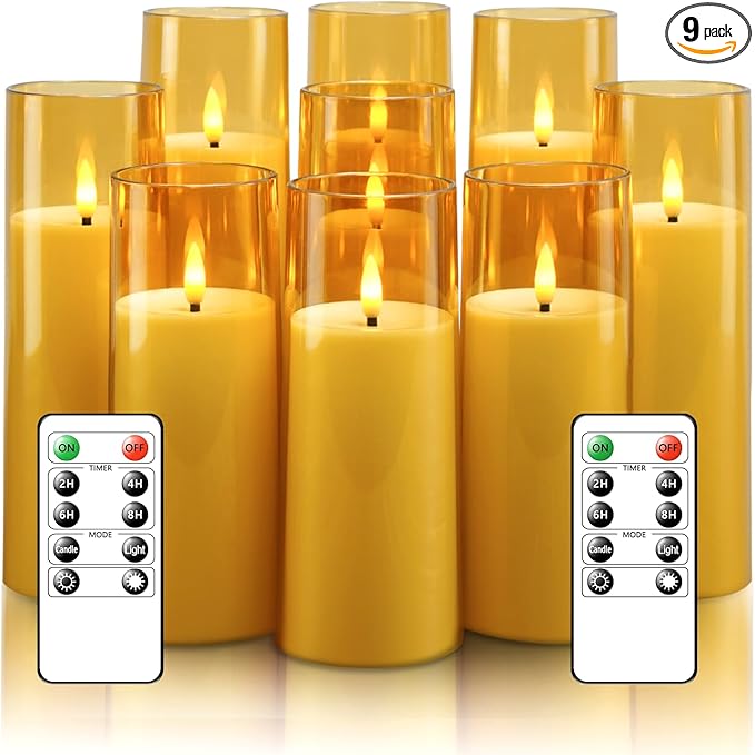 Flickering Flameless Candles Battery Operated with Remote and 2/4/6/8 H Timer Plexiglass Led Pillar Candles Pack of 9 (D2.3 xH 5" 6" 7") with Realistic Moving Wick Candles for Home Decor(Gold)
