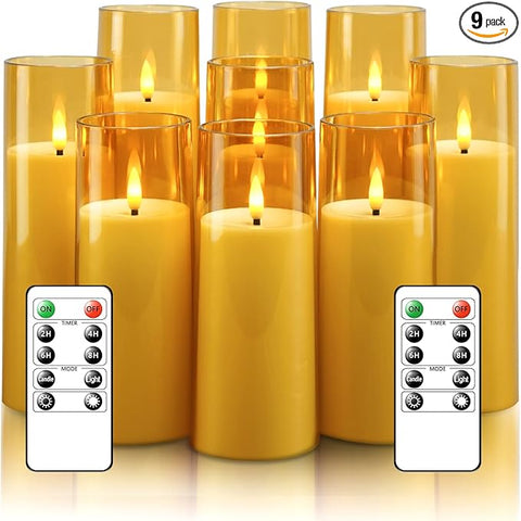 Flickering Flameless Candles Battery Operated with Remote and 2/4/6/8 H Timer Plexiglass Led Pillar Candles Pack of 9 (D2.3 xH 5" 6" 7") with Realistic Moving Wick Candles for Home Decor(Gold)