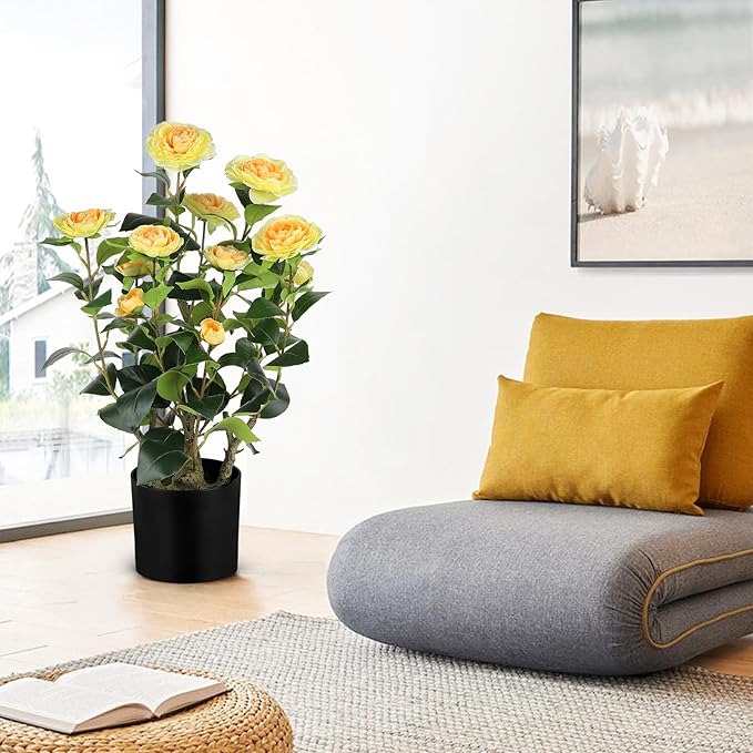 Romantic Season 2FT Yellow Artificial Camellia Tree 2Pack, Faux Camellia Plant Fake Potted Camellia Flower Tree for Modern Home Office Living Room Floor Décor
