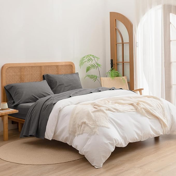 BESTOUCH Sheet Set 100% Washed Cotton Linen Feel Super Soft Comfortable Chic Lightweight 4 Pcs Home Bedding Set Solid Dark Grey Queen