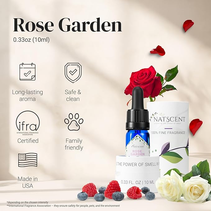 Rose Garden Essential Oils for Diffusers for Home, Nature-derived Rose Essential Oil, Long-Lasting & Family-Friendly Diffuser Oils Scents, IFRA Certified, Cold Air & Ultrasonic – 0. 33 oz