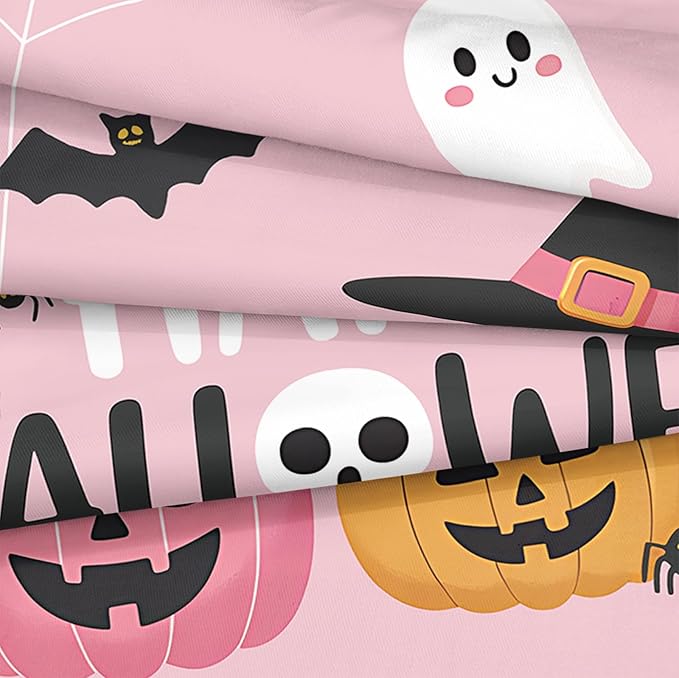 Pumpkin Ghost Comforter Set Girls Pink Halloween Bedding Set Orange Pumpkin White Ghost Bat Spider Cute Cartoon Bedding Kids Teens Happy Halloween Bed Set King Size