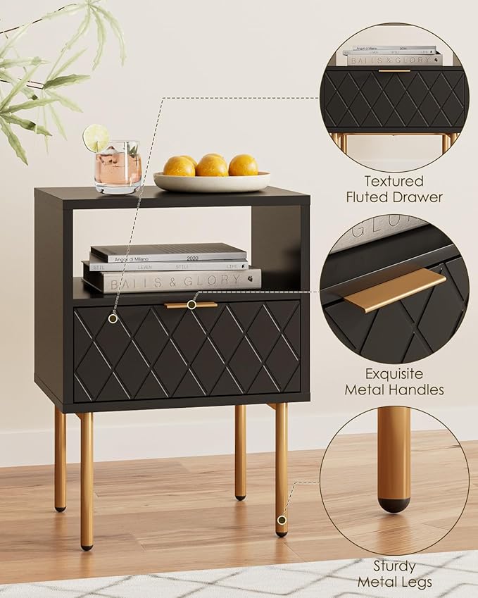 Nightstand,Morden Bedside Table with Gold Frame,Small White Night Stand,End Table,Bedside Furniture,Side Table with Drawer and Shelf for Bedroom,Living Room (1Drawer, Black-Square)