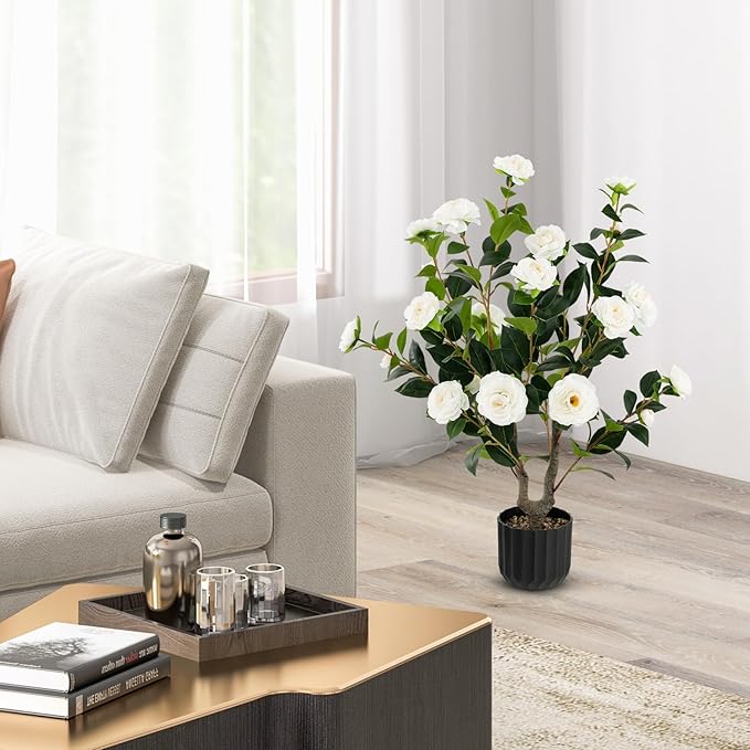 Goplus 38’’ Artificial Camellia Tree, Flower Plants Artificial Tree, Faux Floral Plant Blooming Tree in Cement Pot, Greenery Potted Plant for Indoor Outdoor Office Home Porch Decor