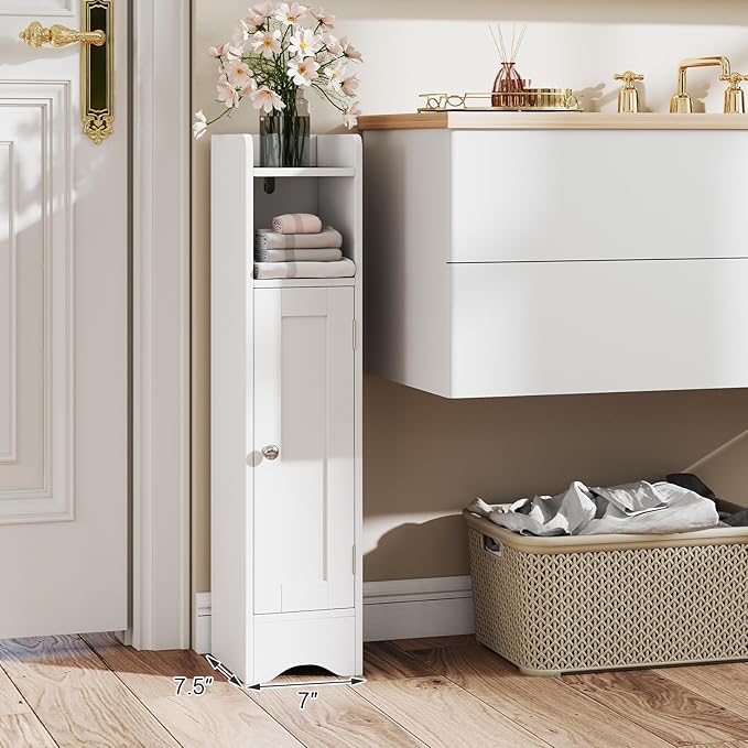 Tangkula Bathroom Storage Cabinet with Door, Toilet Paper Holder Stand with Adjustable Shelves & Open Compartment for Small Spaces, Narrow Freestanding Storage Organizer, 7 x 7.5 x 31.5 Inches (White)