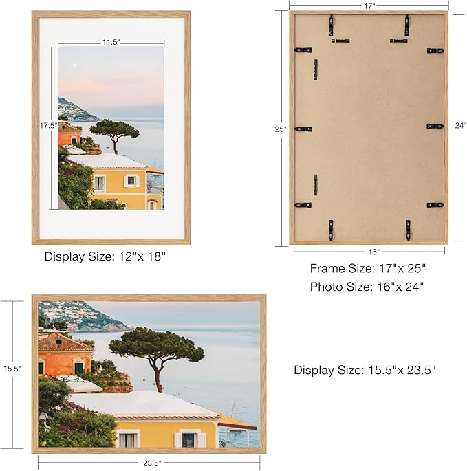 Axeman 16x24 Frame With Mat for 12x18, Solid Oak Wood 16x24 Poster Frame With Tempered Glass, 16 x 24 Picture Frame for Wall, 16 by 24 Wood Frame for Home Decor, Hanging Hardware included, Natural