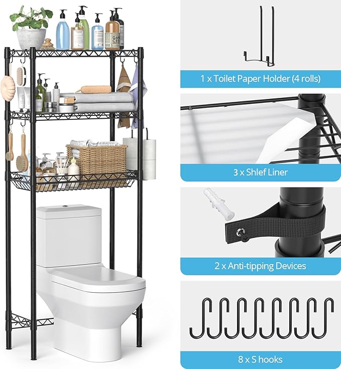 Over The Toilet Storage Shelf, Adjustable Bathroom Organizer with Toilet Paper Holder & 8 Hooks, 3 Tier Sturdy Metal Space Saver for Bathroom/Kitchen, Easy Assembly Above Toilet Shelf, Black