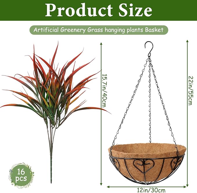 KHOYIME 2 Set Artificial Hanging Plants Basket for Outdoors Indoor, Faux Red Grass Baskets Fake Greenery Stems Planters UV Resistant Spring Summer Decor for Home Garden Porch Balcony Patio Yard