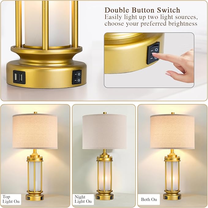 Modern Bedroom Table Lamps Set of 2, Farmhouse Vintage Bedside Lamp with 2 USB Ports, Gold Nightstand Desk Lamps with Glass Nightlight for Living Room Entryway Dresser, 4 Bulbs Included