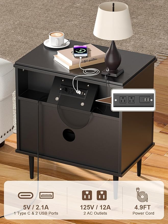 Modern Nightstand with Charging Station, 2 Drawers Fluted Wood Bedside Table with USB, Type-C & Outlets, Metal Legs, Storage Dresser for Bedroom or Living Room (Ink Black, 23.3")