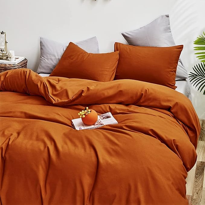 Pureant Queen Size Burnt Orange Comforter Set - 3 Pcs (Comforter, 2 Pillowcases) - Caramel - Modern - Solid - Cotton Blend - 90" x 90" - Machine Washable