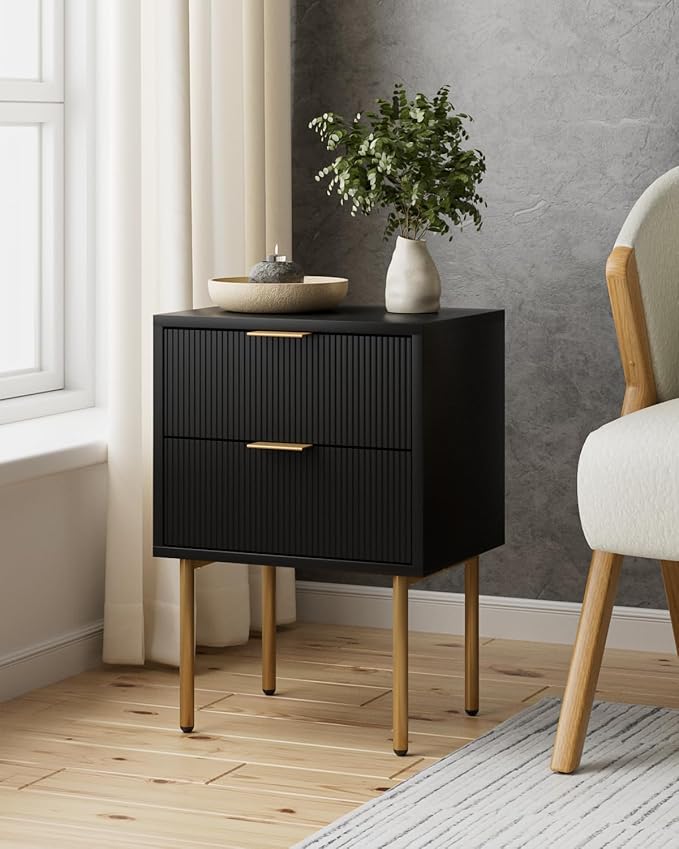 Nightstand,Morden Bedside Table with Gold Frame,Small White Night Stand,End Table,Bedside Furniture,Side Table with Drawer and Shelf for Bedroom,Living Room (2Drawers, Black)
