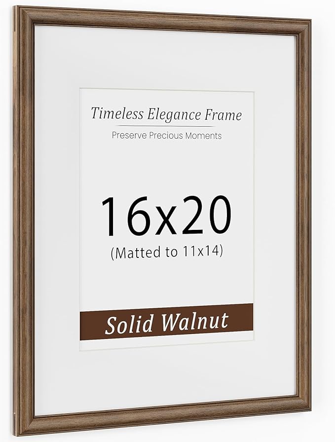 16x20 Picture Frame, USA-Sourced Walnut Wood Poster Frame with Tempered Glass, Display 11x14 with Mat, 16 by 20 Photo Frame for Vertical & Horizontal Display, Handcrafted Wood Frame, 1 Pack