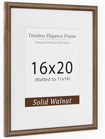 16x20 Picture Frame, USA-Sourced Walnut Wood Poster Frame with Tempered Glass, Display 11x14 with Mat, 16 by 20 Photo Frame for Vertical & Horizontal Display, Handcrafted Wood Frame, 1 Pack