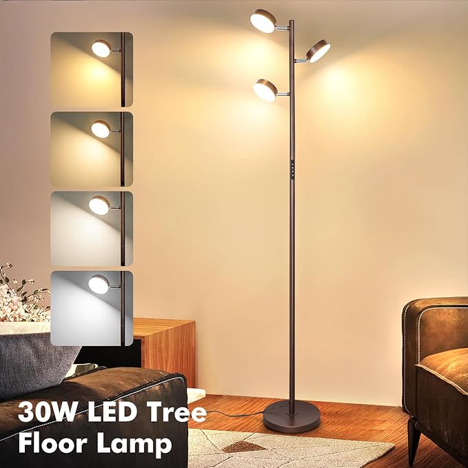 Dimmable LED Floor Lamp with Remote Modern Tall Standing Lamp with 3 Adjustable Heads Light Touch Control 4 Color Temperatures Timer Tree Floor Lamps for Living Room Bedroom Office Reading, Brown