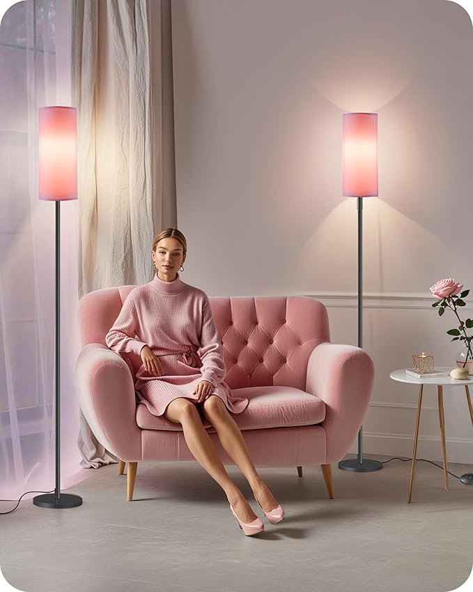 2 Pack Dimmable Pink Floor Lamps for Living Room with 2 Remotes and Foot Switch, Corner Floor Lamp, 66'' Standing Tall Lamp, 10W 900LM Bulb Included, 3000K-6500K, Linen Shade, FCC Listed P06LDP205W1