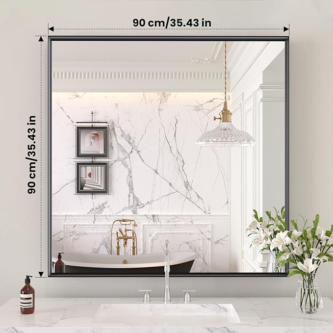 LOAAO Black Bathroom Mirror 36"X36" for Wall, Rectangle Bathroom Vanity Mirror, Tempered Glass, Hangs Vertically or Horizontally, Easy to Install, Modern Design