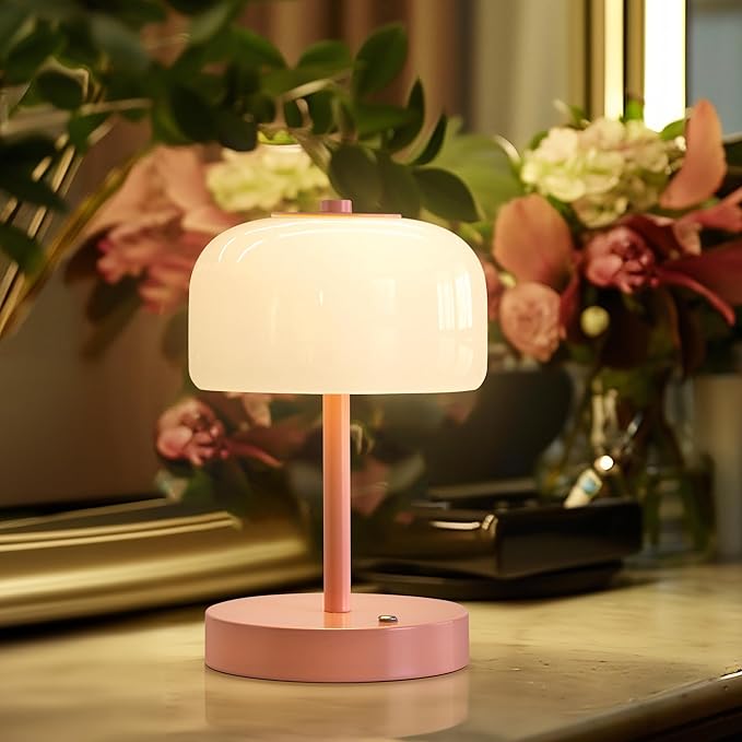Oneach Portable Cordless Table Lamp, Rechargeable Battery Powered Lamp with Opal Glass Shade, 3-Way Dimmable LED Touch Mushroom Table Lamp for Bedroom, Bedside, Living Room, Dining Room, Patio, Pink