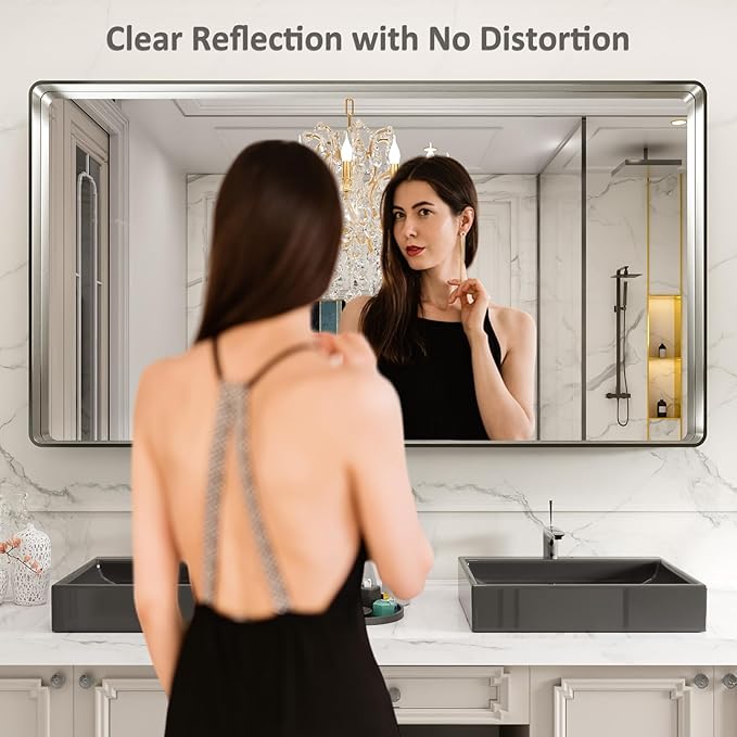 LOAAO 72X32 Inch Brushed Nickel Bathroom Mirror, Rounded Rectangle Silver Metal Frame Mirror, Brushed Nickel, Anti-Rust, Shatter Proof, Hangs Horizontally or Vertically